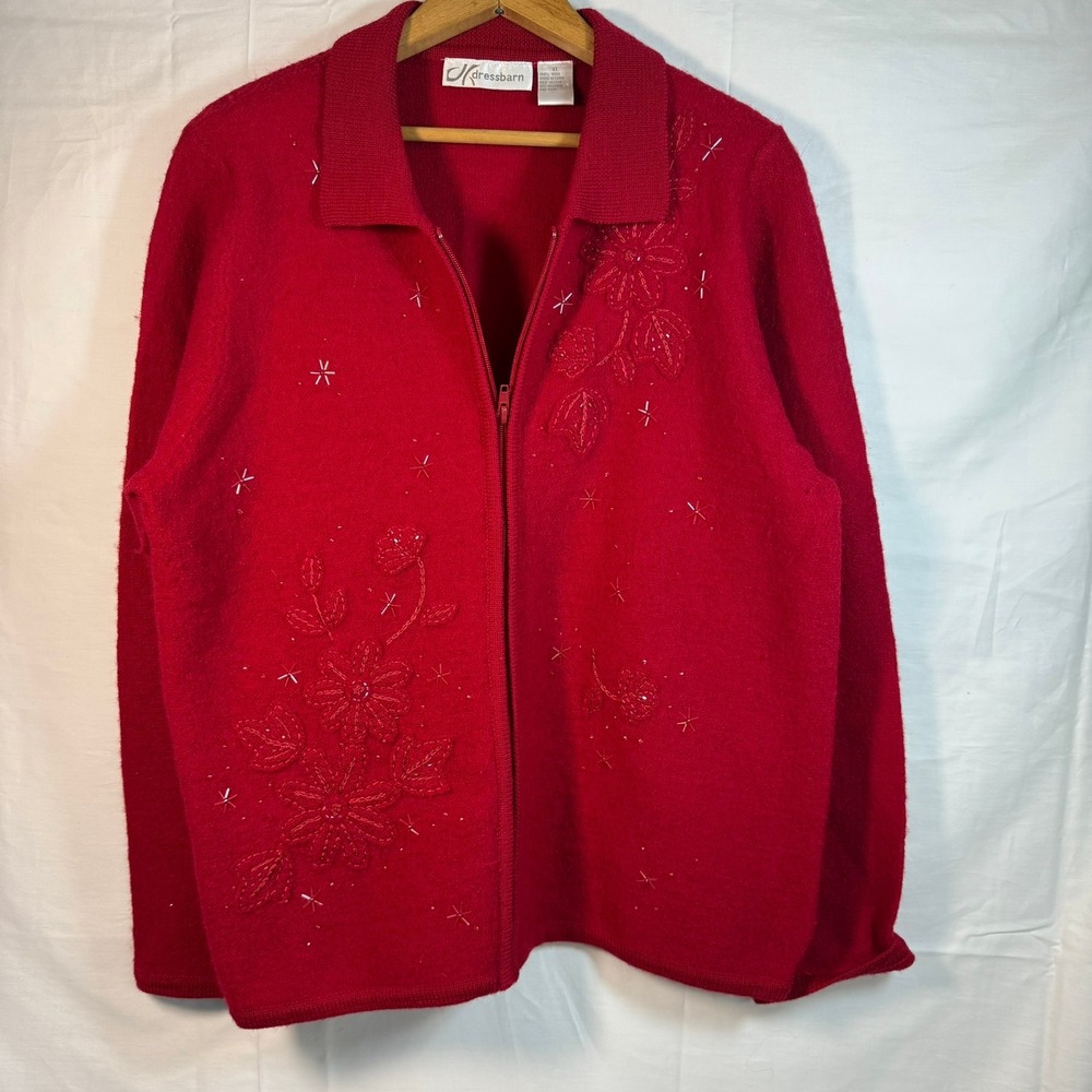 Dressbarn Womens Cardigan XL Red Wool‎ Blend Floral Beaded Zip Up Sweater